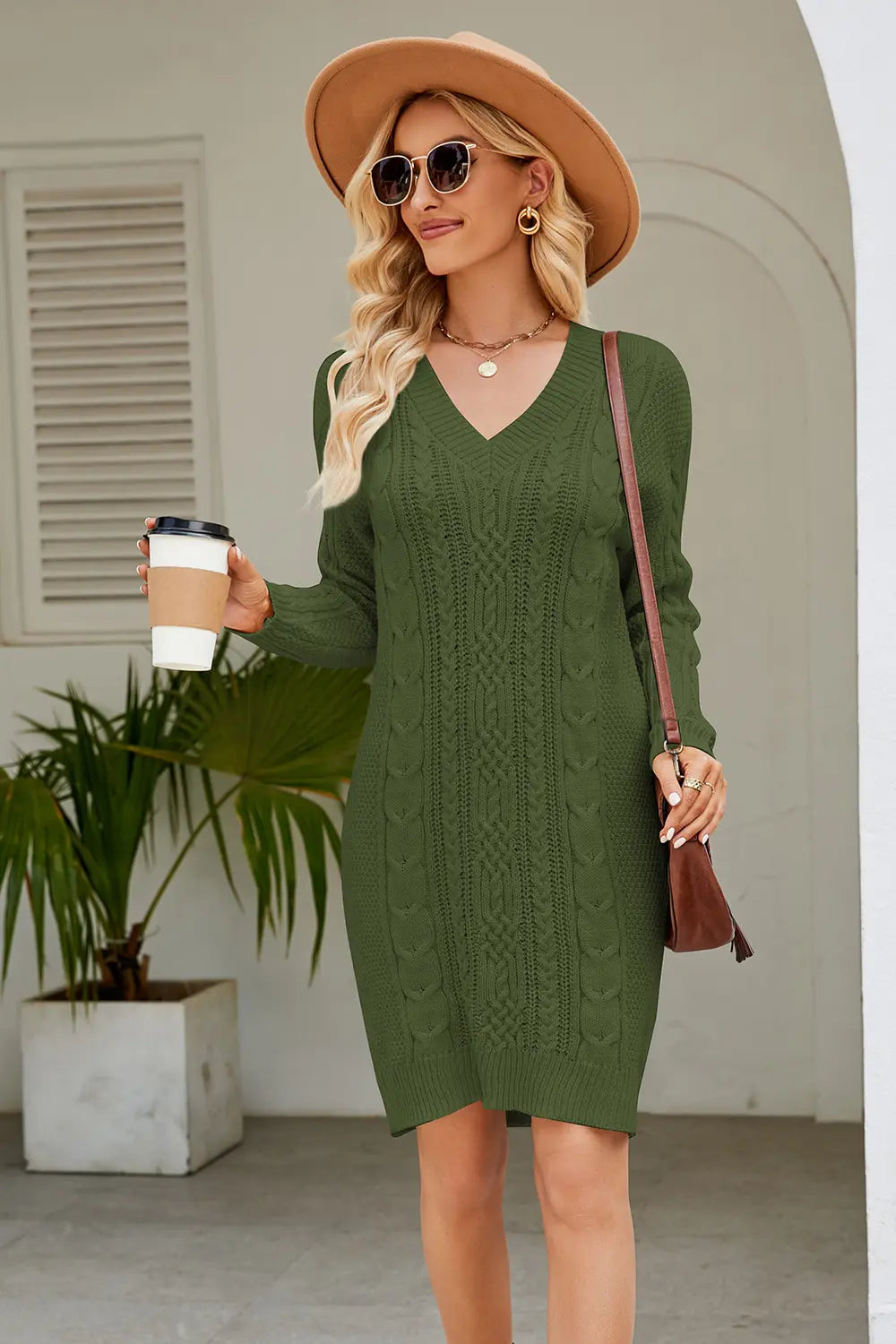 Cable-Knit Long Sleeve Sweater Dress in Matcha Green