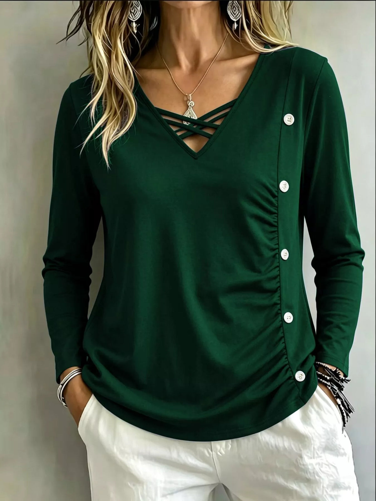 Plus Size Decorative Button Criss-Cross Long Sleeve Top - Lilixa.store