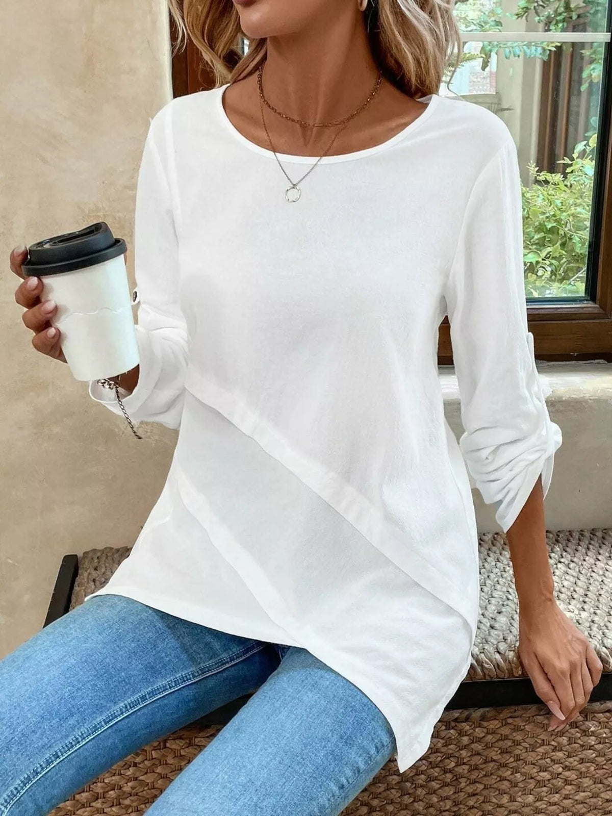 Asymmetrical Hem Solid Color Linen Blouse, view 3