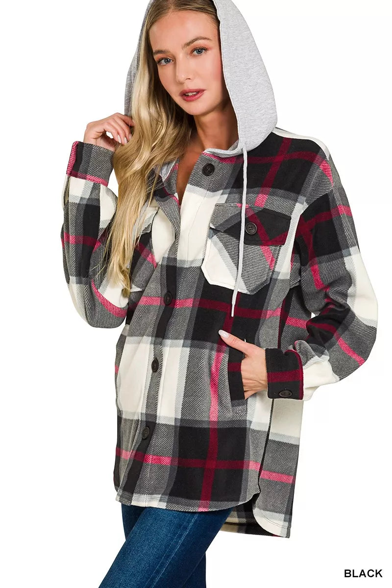 Zenana Plaid Drawstring Hooded Fleece Shacket in Black, view 3