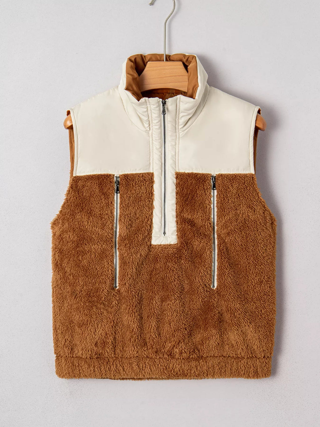 Color Block Plush Patchwork Zipper Stand Neck Vest Coat - Lilixa.store