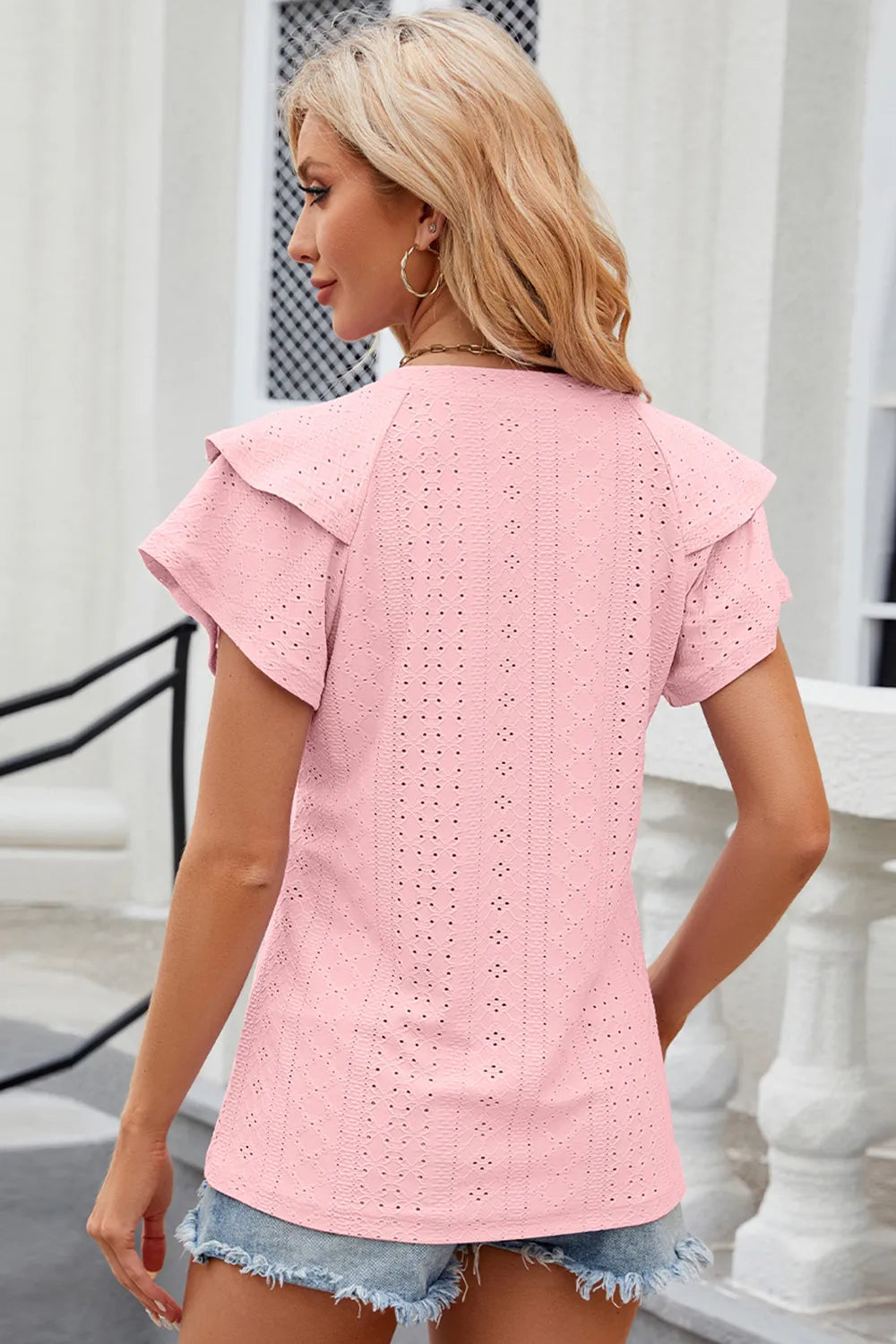 Eyelet Notched Flutter Sleeve T-Shirt - Lilixa.store