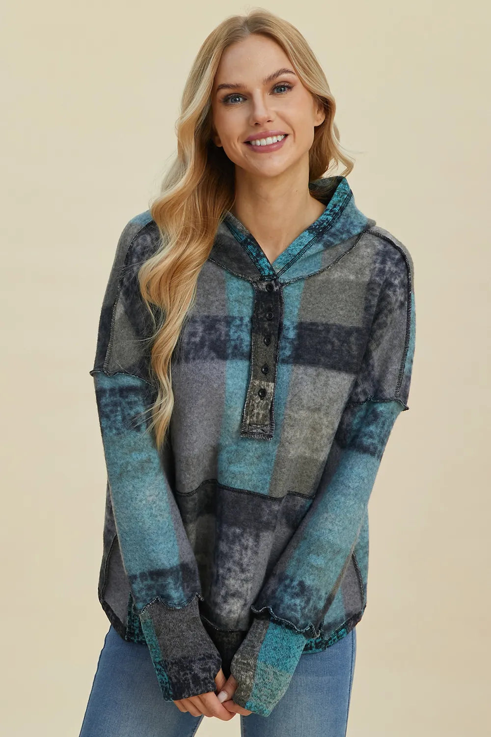 Double Take Full Size Plaid Dropped Shoulder Fleece Hoodie Plus Size - Lilixa.store