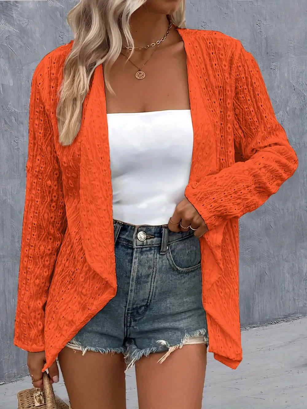 Eyelet Roll-Tab Sleeve Cardigan - Lilixa.store