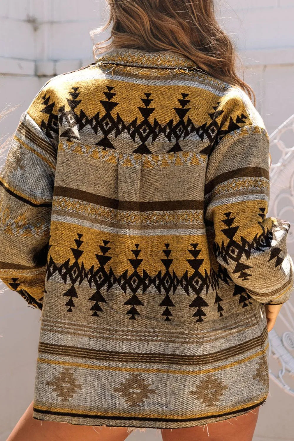 Pocketed Geometric Collared Neck Jacket in Camel, view 3