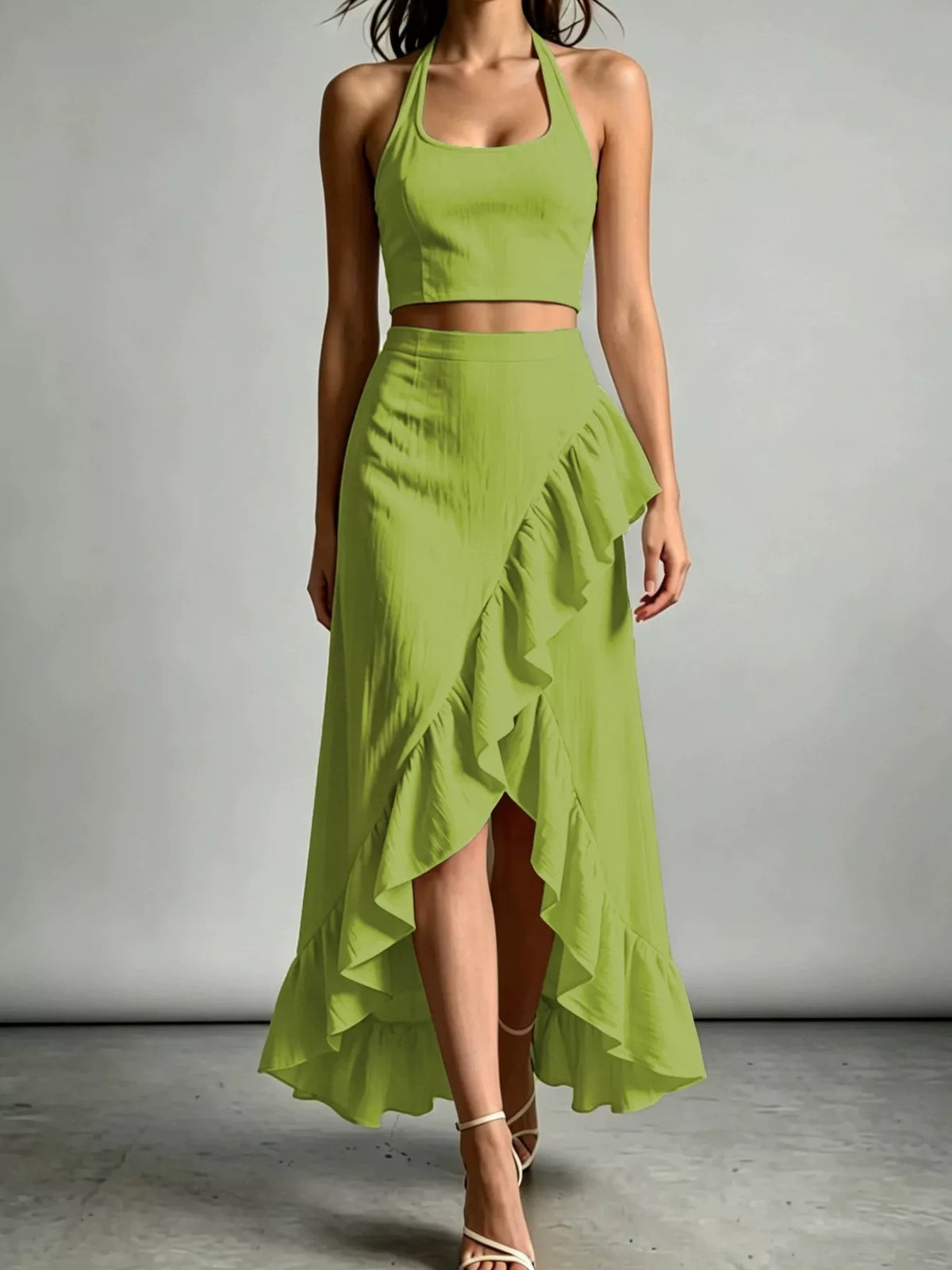 Halter Neck Crop Top and High-Low Maxi Skirt Two-Piece Set