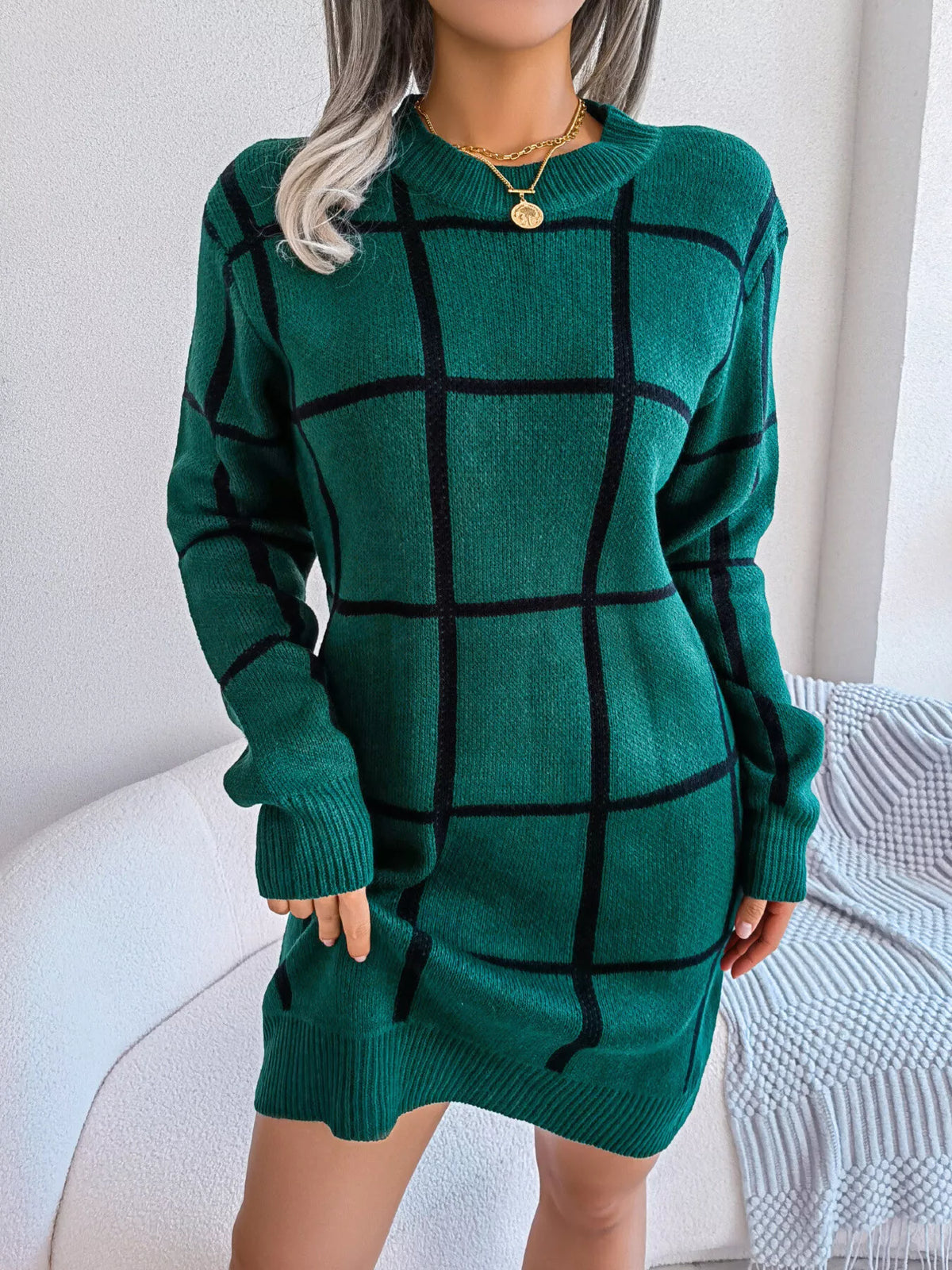 Plaid Pattern Long Sleeve Sweater Dress, view 2