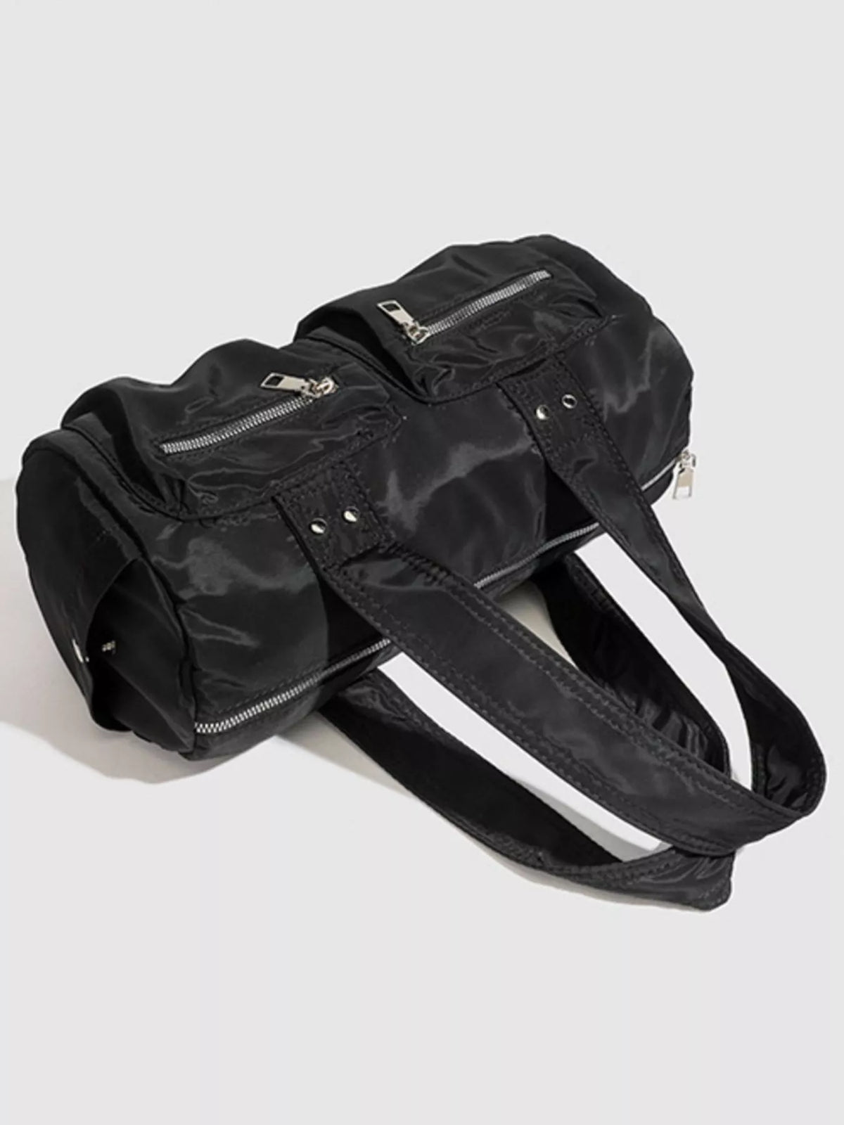 Minimalist Nylon Barrel Shoulder Bag with Multi-Pocket Utility in Black, view 2