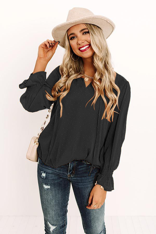 Swiss Dot Tie Neck Flounce Sleeve Blouse in Black