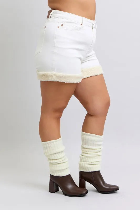 Judy Blue Full Size High Waist Shearling Cuff Denim Shorts Plus Size - Lilixa.store