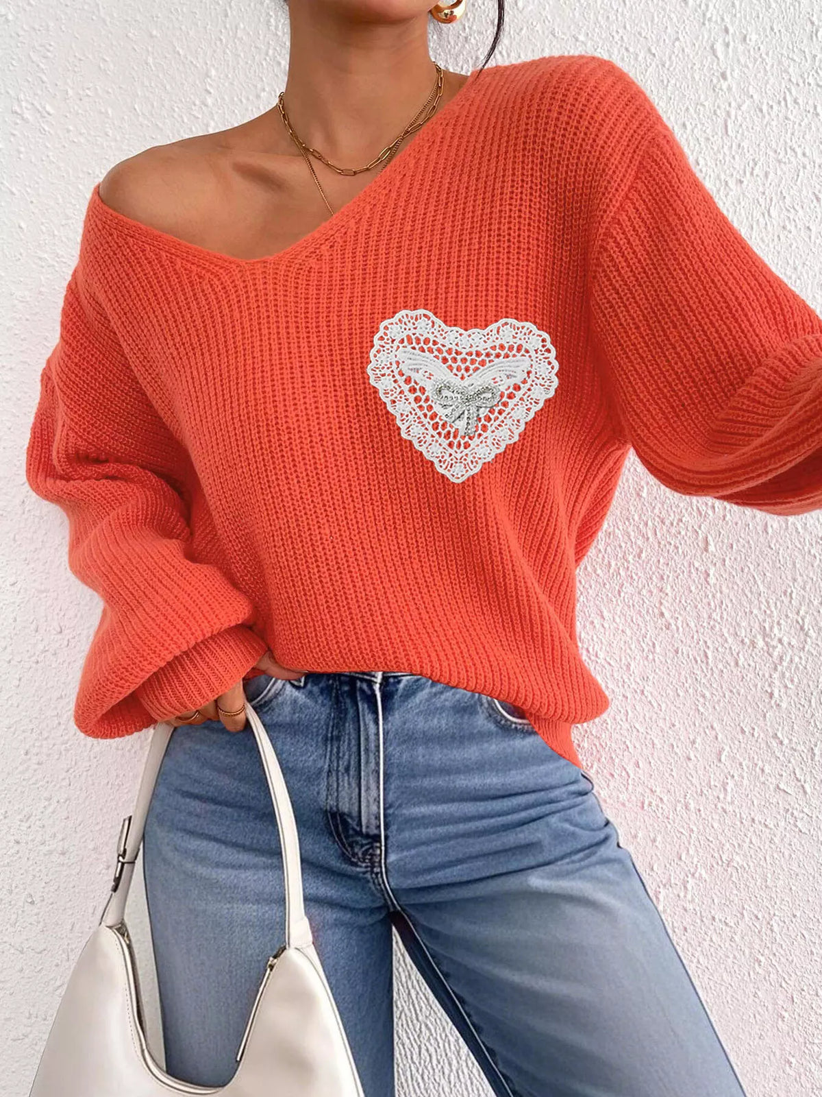 Lace Heart Dropped Shoulder Sweater - Lilixa.store
