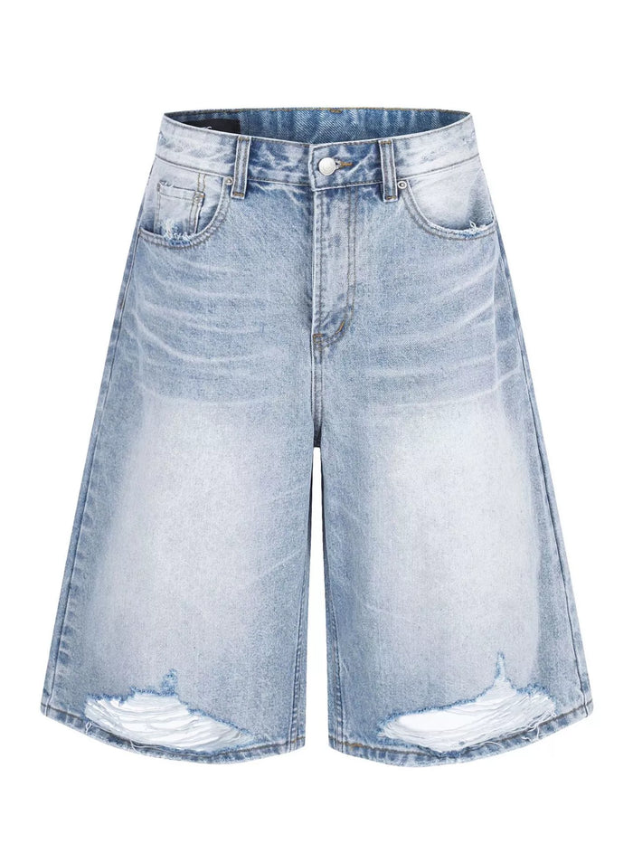 Men's High-Waisted Distressed Denim Capris - Lilixa.store