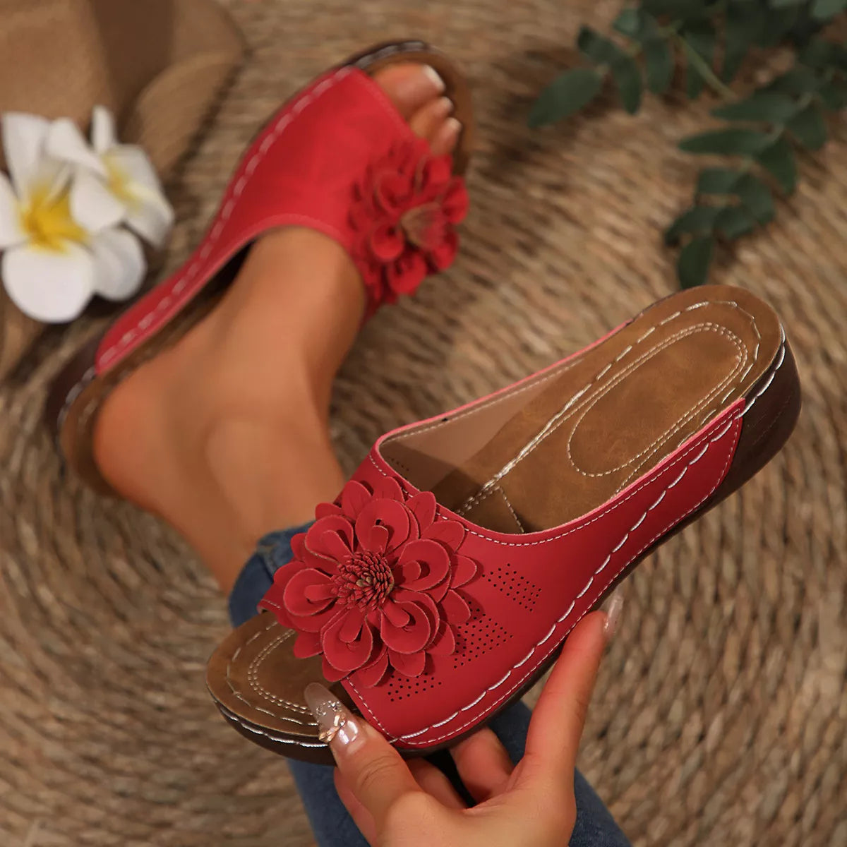 Bohemian Floral Embellished Comfortable Flat Sandals, view 9
