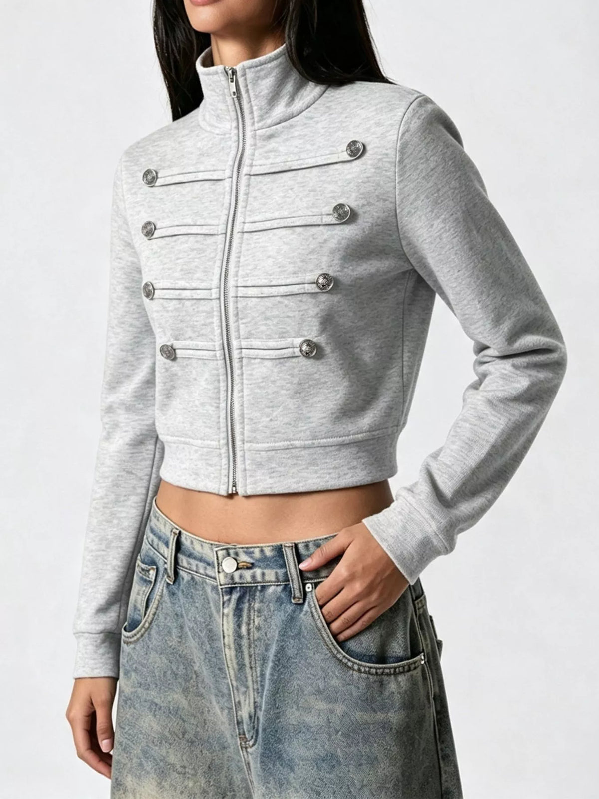 Cropped Zip-Up Outerwear with Decorative Buttons - Lilixa.store