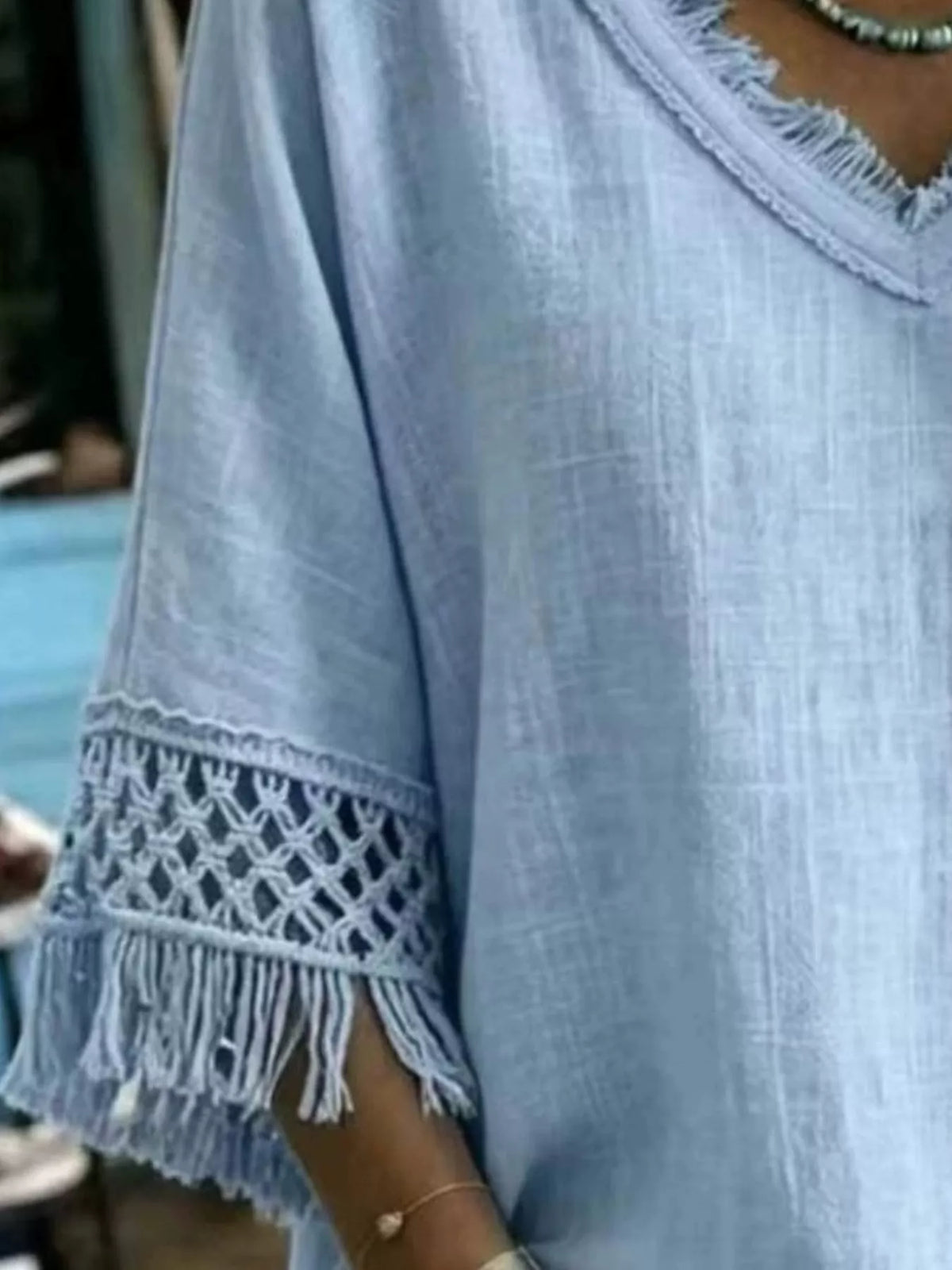 Full Size Fringe Trim V-Neck Loose Fit Blouse Plus Size