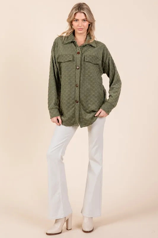 BOMBOM Checkered Button Down Dropped Shoulder Shacket - Lilixa.store