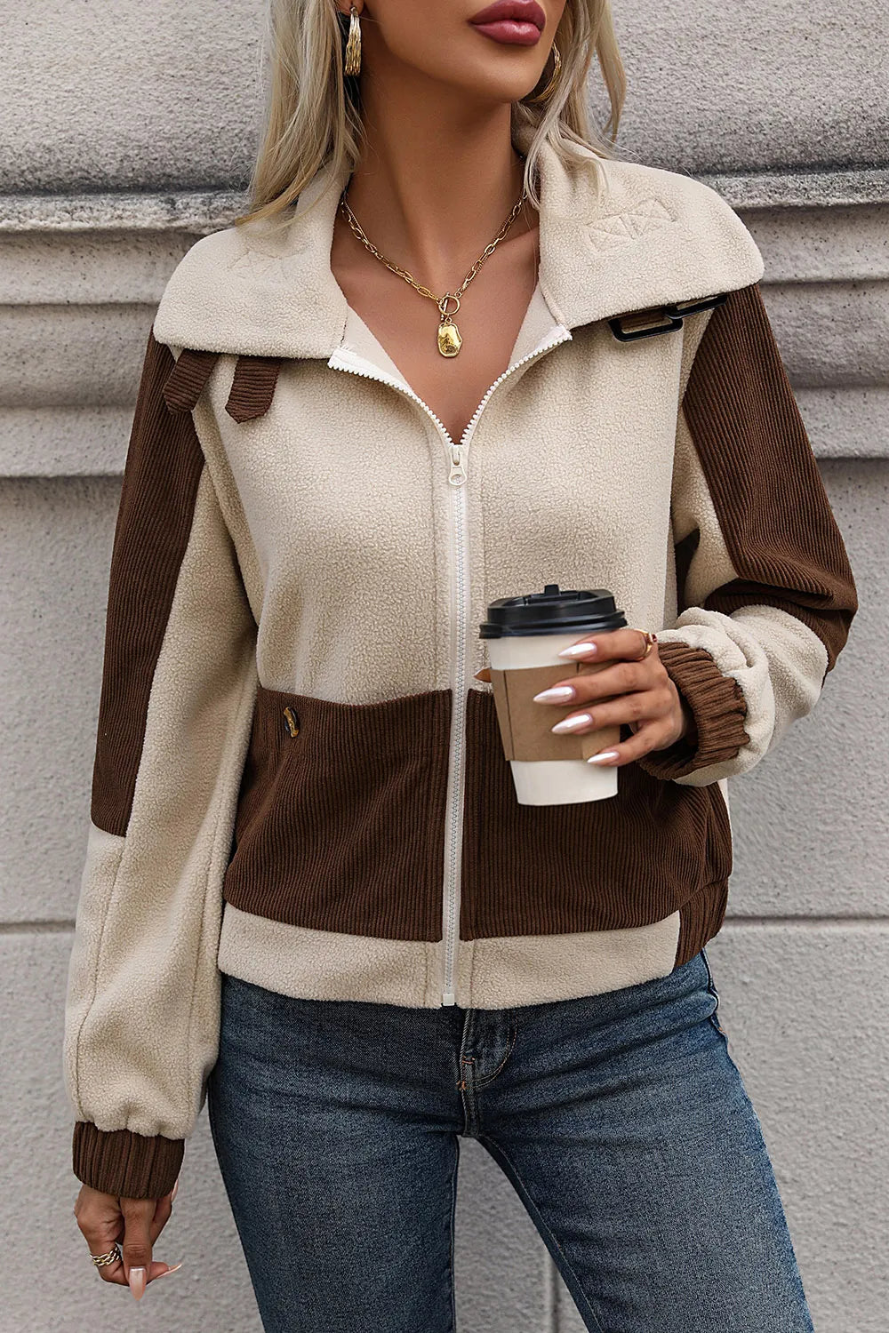 Perfee Color Block Zip Up Pocketed Jacket in Chocolate, view 4