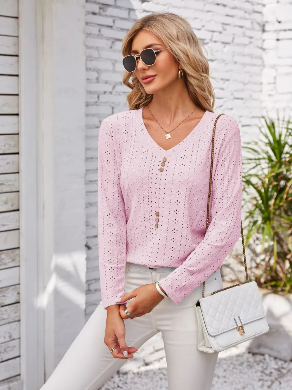 Decorative Button Openwork V-Neck T-Shirt - Lilixa.store