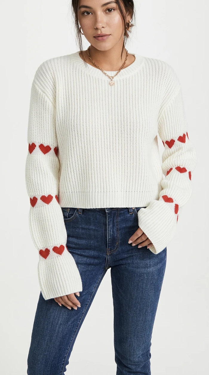 Heart Pattern Dropped Shoulder Sweater in White