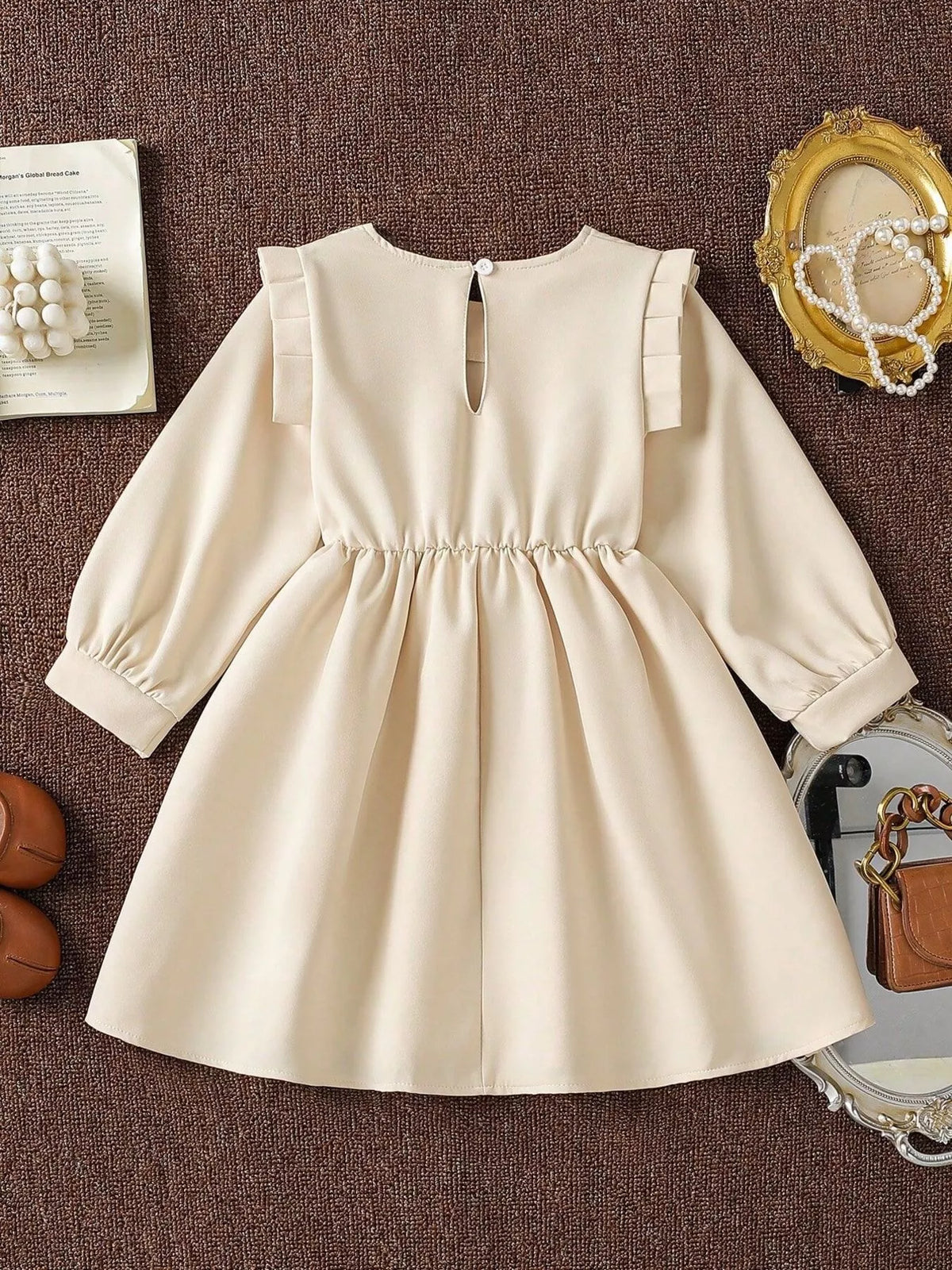 Children's Long-Sleeve Dress with 3D Floral Appliques and Pearl Accents in Apricot Color, view 7