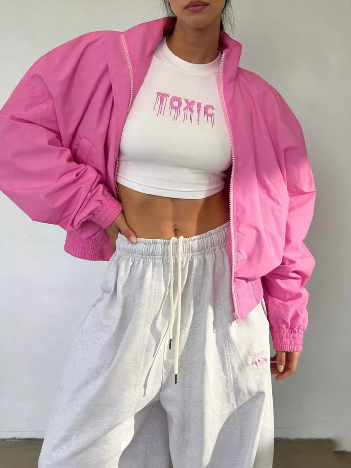 Zip Up Oversized Bomber Jacket in Fuchsia Pink