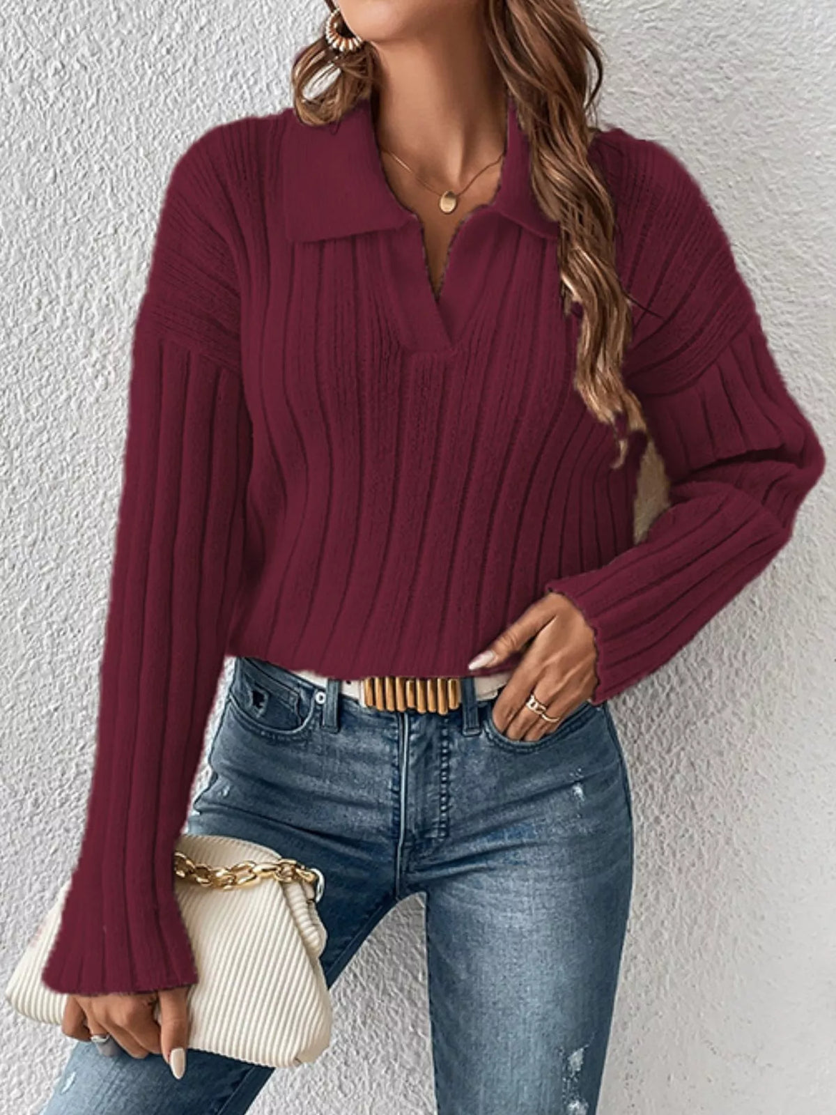 Ribbed Knit Polo Collar Sweater - Lilixa.store