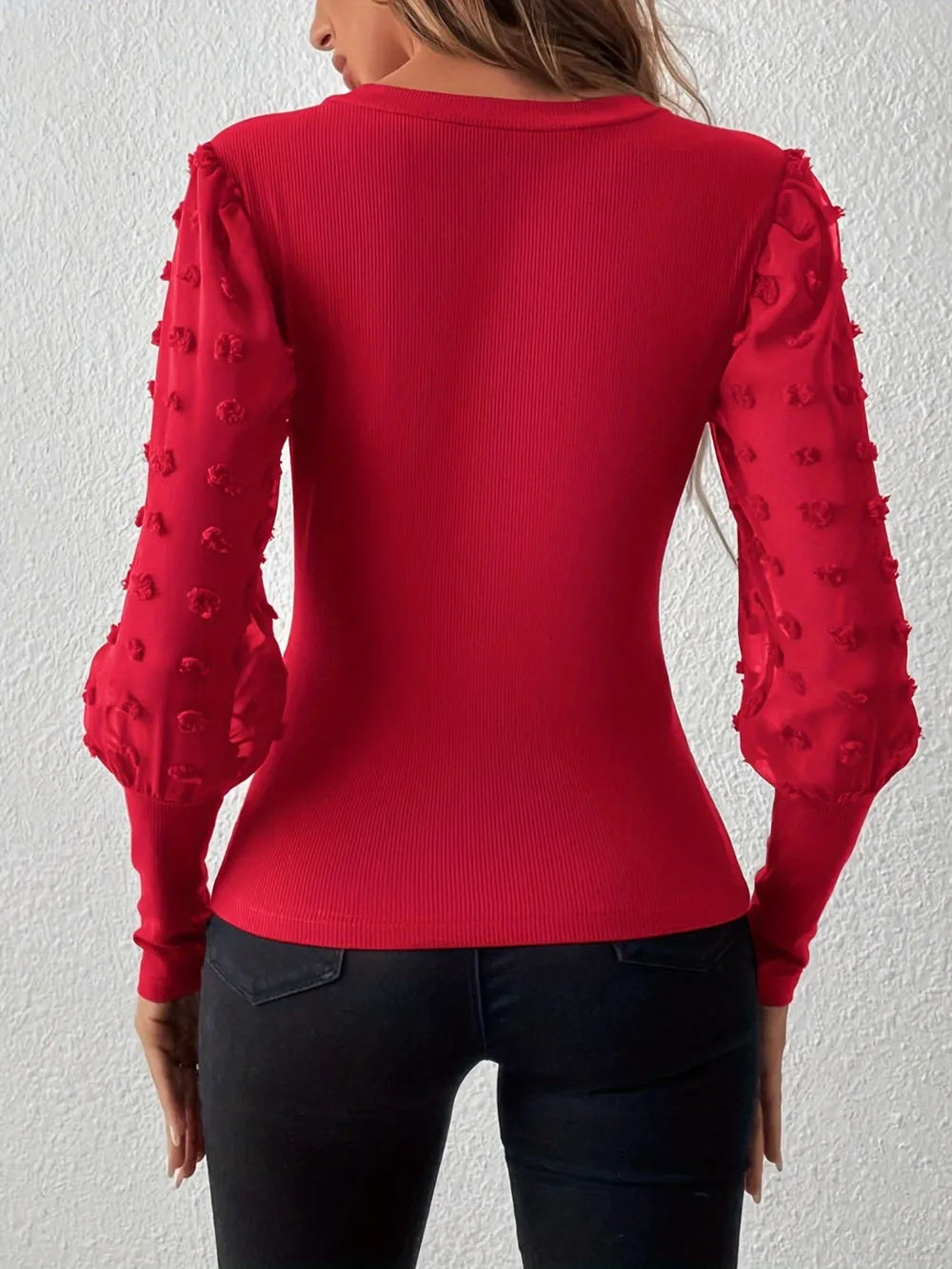 Swiss Dot V-Neck Long Sleeve Top - Lilixa.store