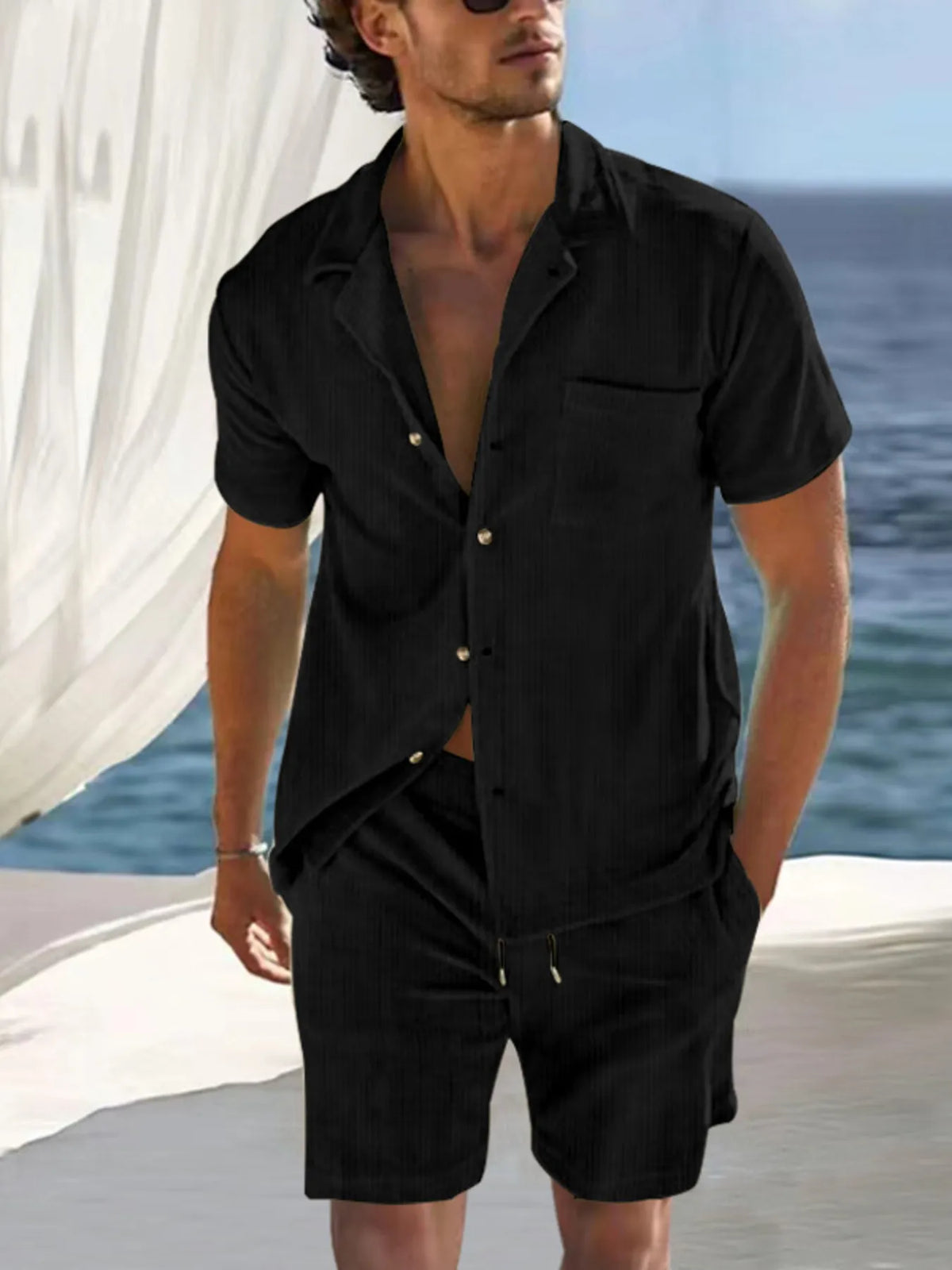 Men's Full Size Button Detail Short Sleeve Top and Shorts Set Plus Size in Black