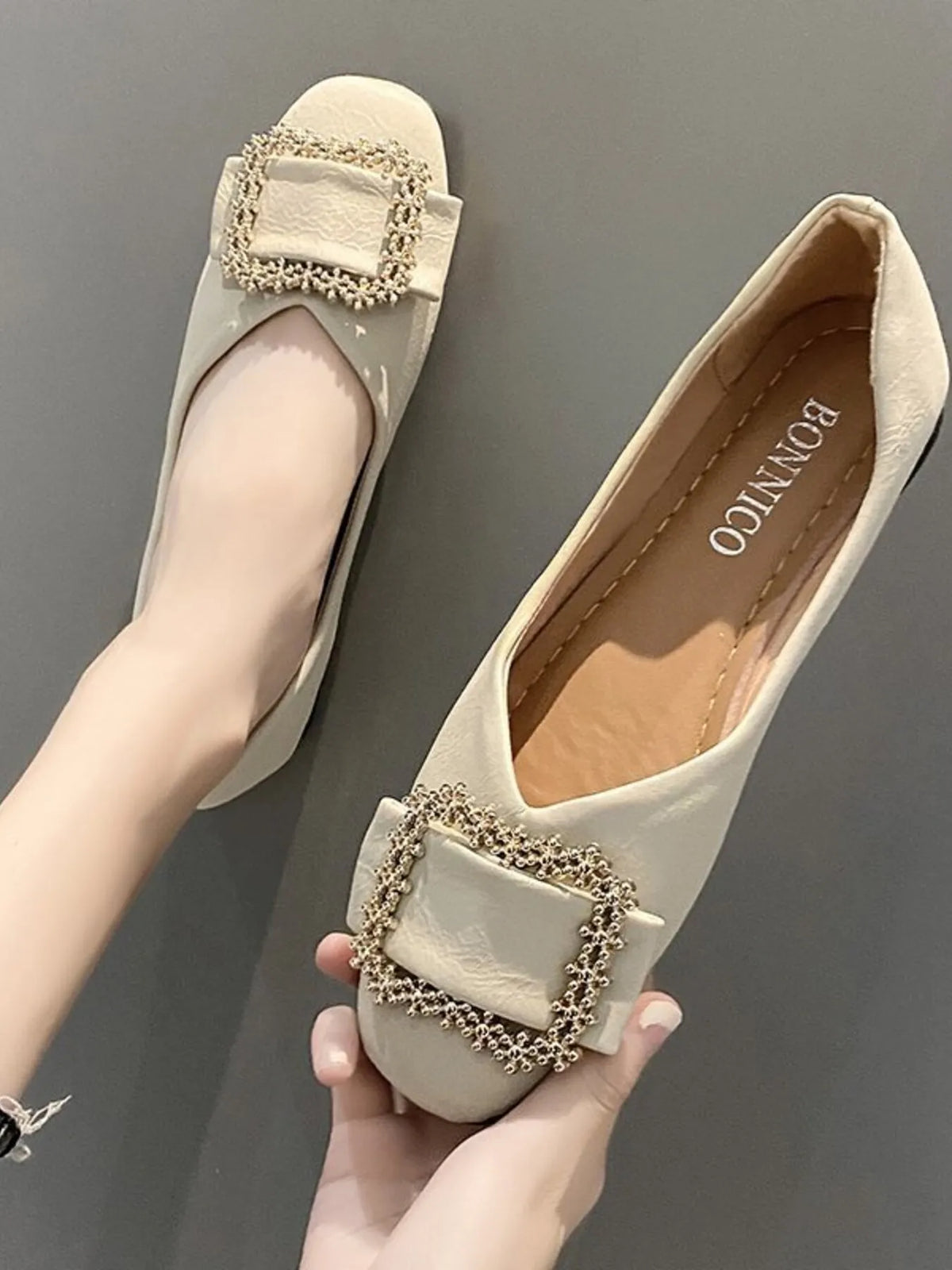 Square Toe Buckle Detail Loafers in Creamy-white