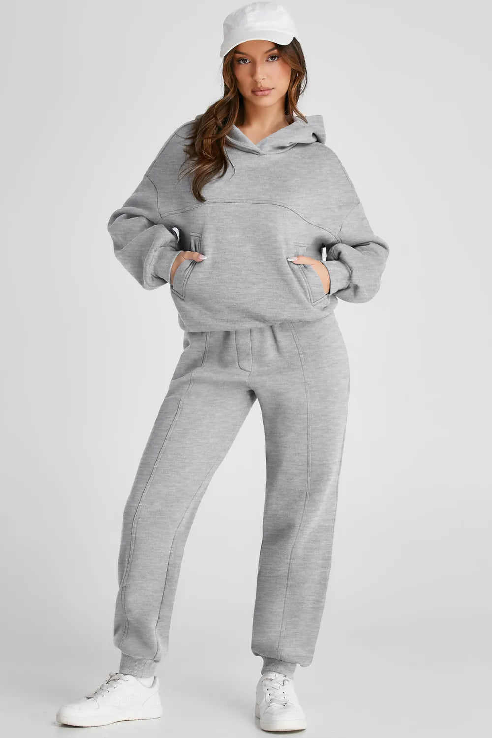 Dropped Shoulder Long Sleeve Hoodie and Pants Active Set in Gray, view 2