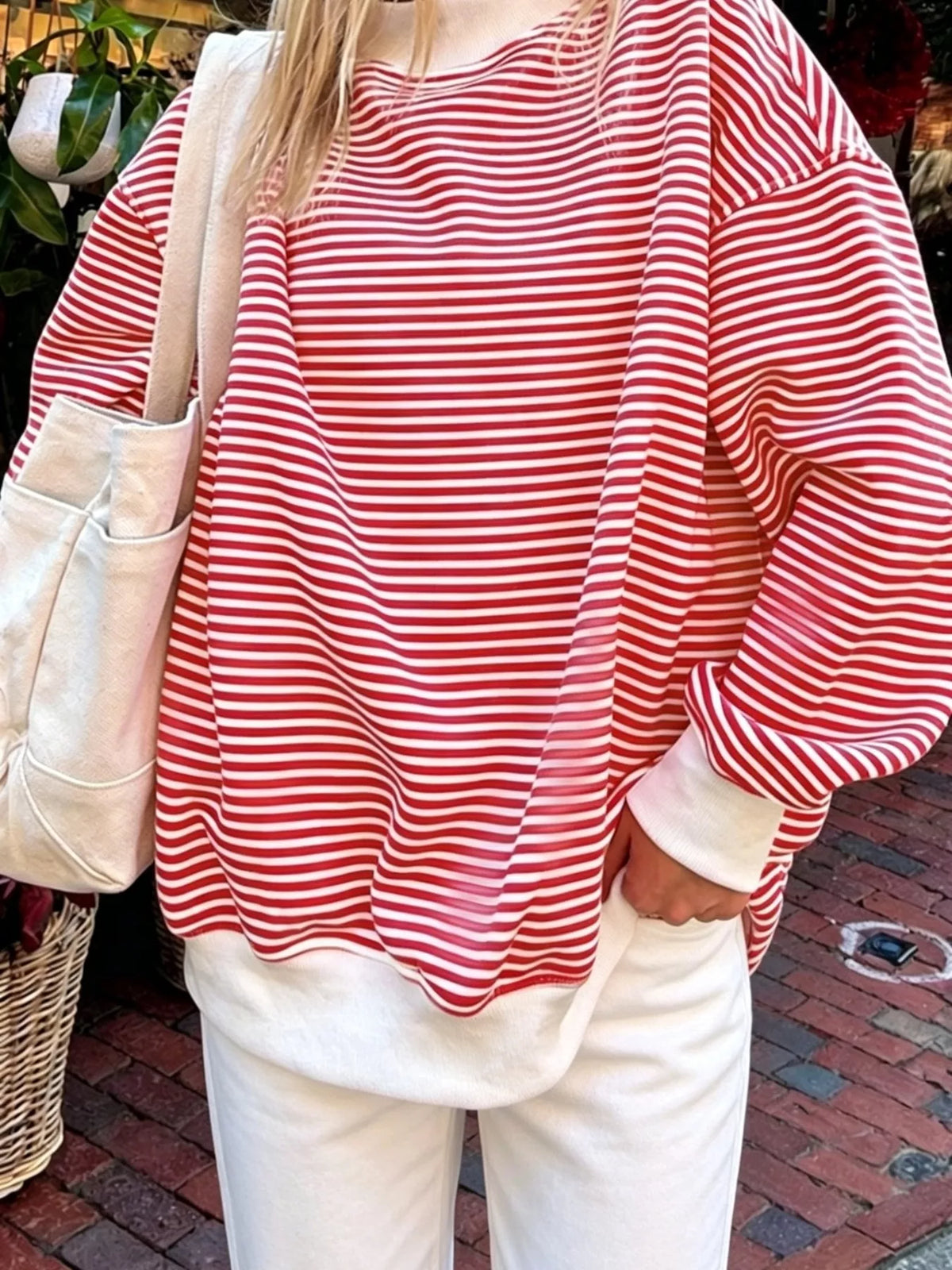 Oversized Striped Crew Neck Sweatshirt in Red