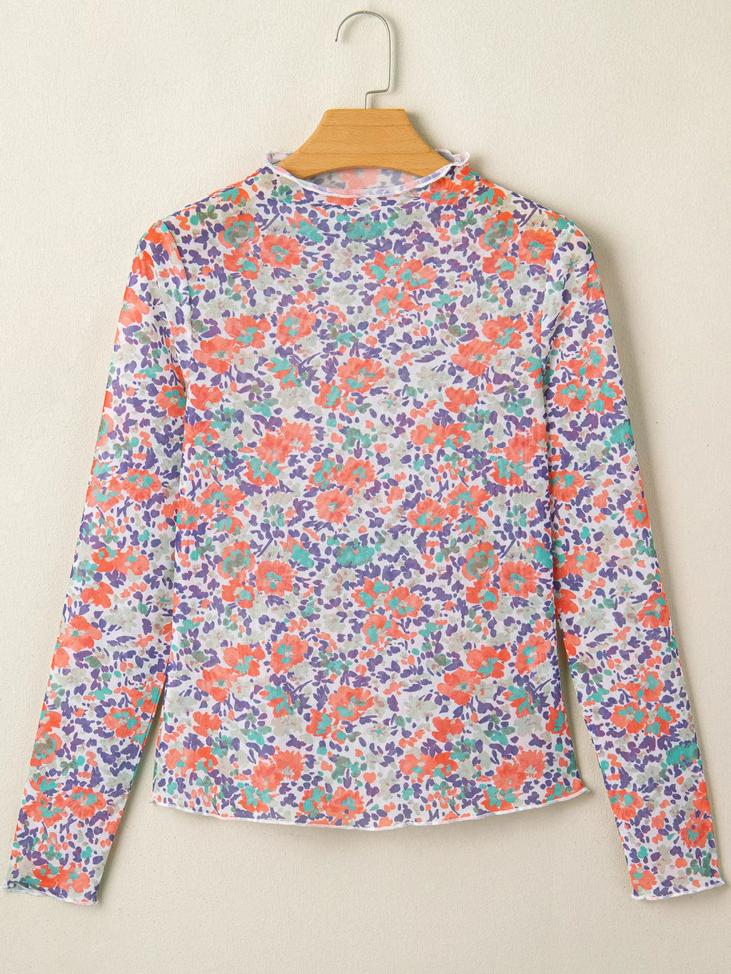 Floral Print Sheer Mesh Long Sleeve Mock Neck Top - Lilixa.store
