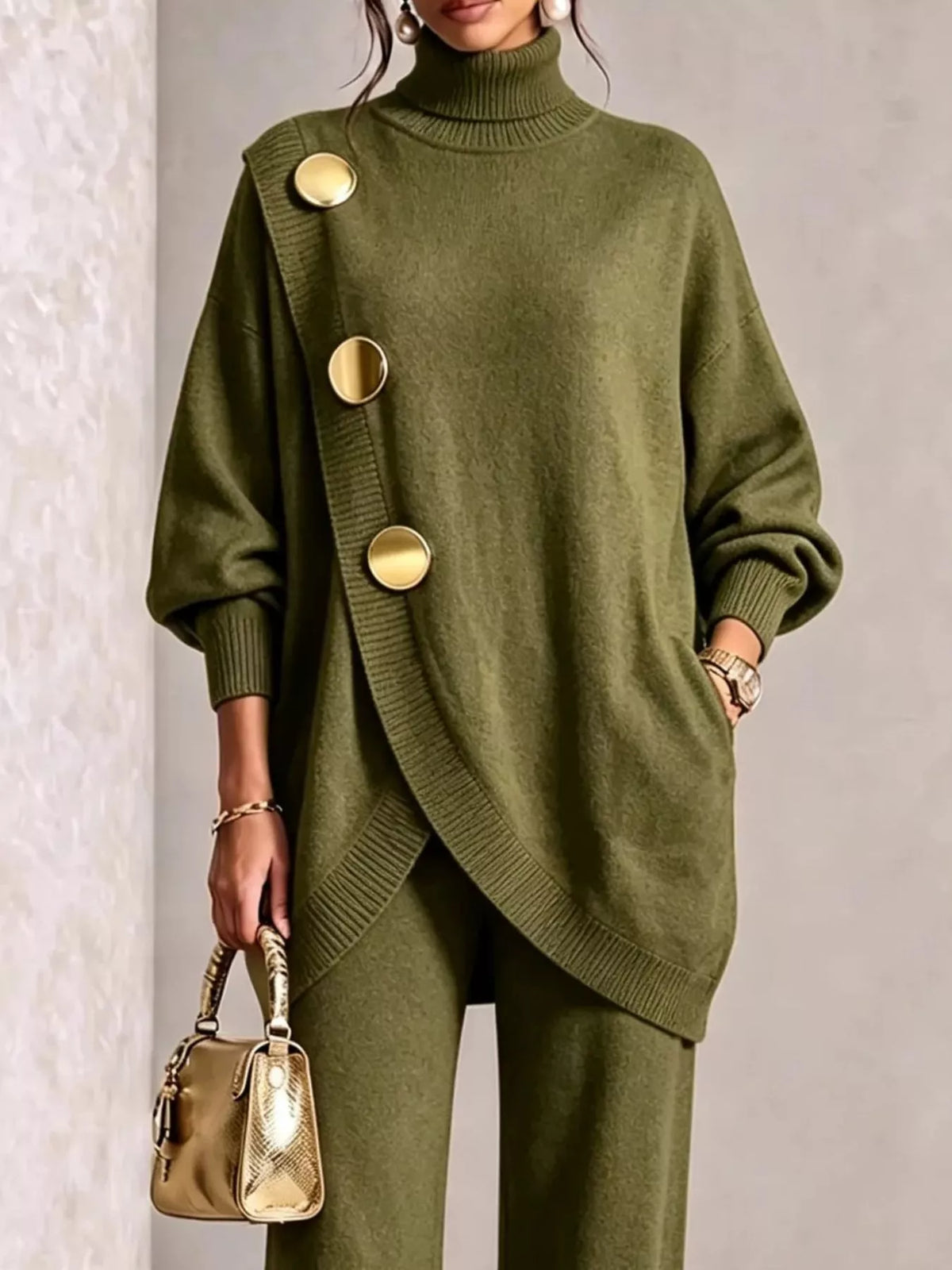 Gold Button Accent Turtleneck Sweater and Pants Set, view 2