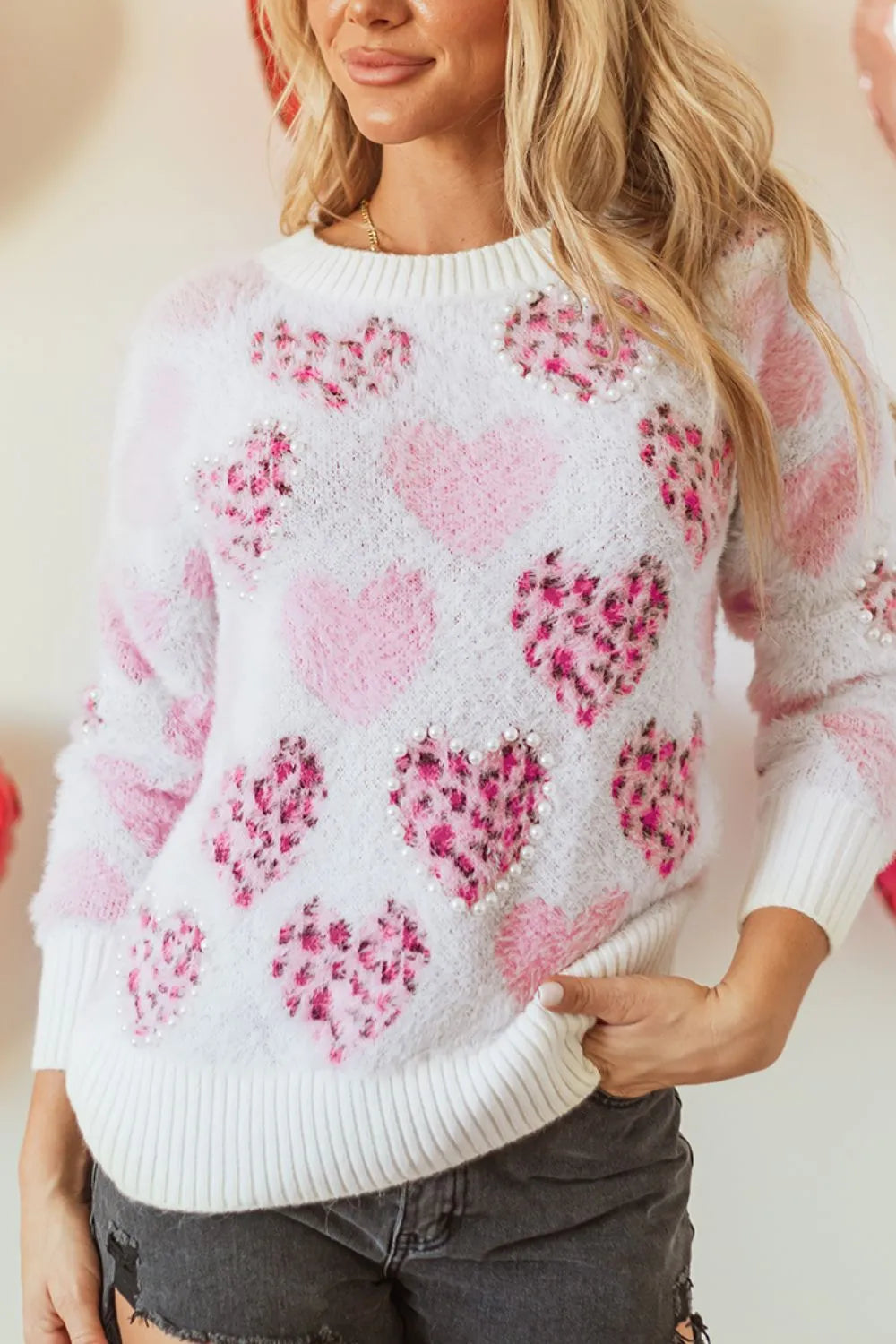 Pearl Detail Heart Round Neck Sweater - Lilixa.store