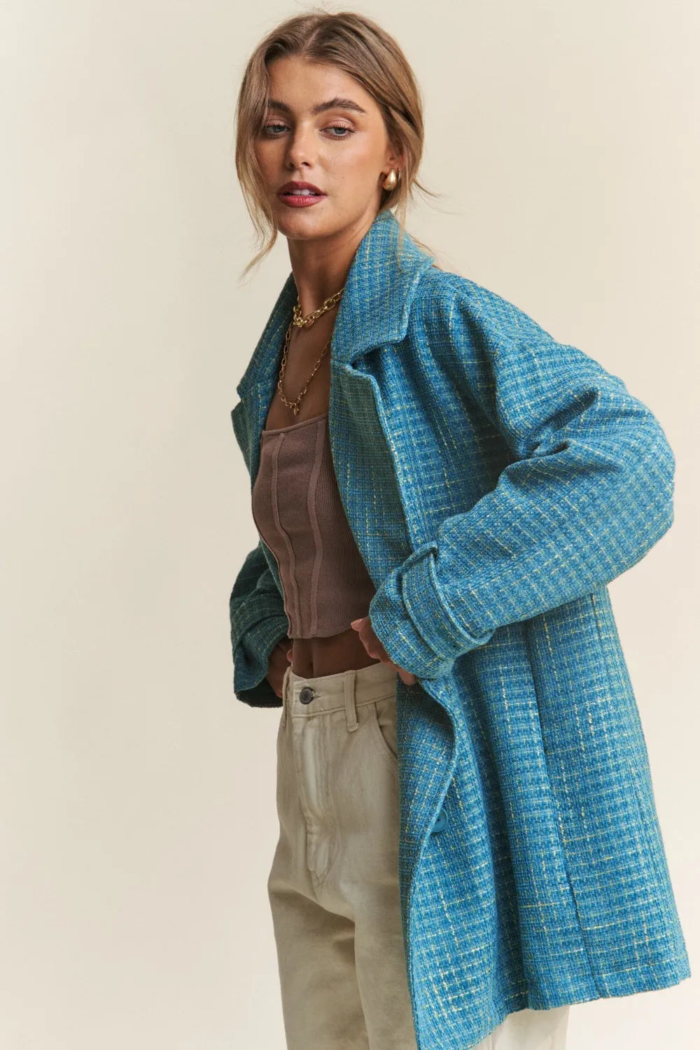 J.NNA Tweed Double-Breasted Long Sleeve Coat in Emerald Sea, view 4