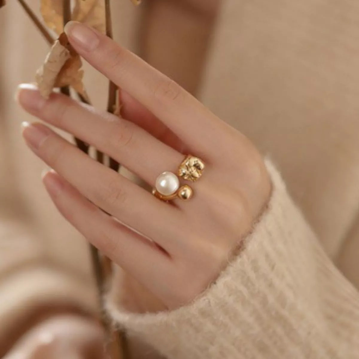 18K Gold-Plated Pearl Open Ring - Lilixa.store