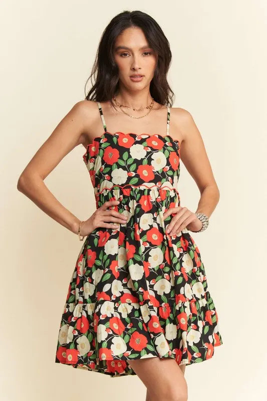 Davi & Dani Floral Scalloped Cutout Back Mini Dress - Lilixa.store