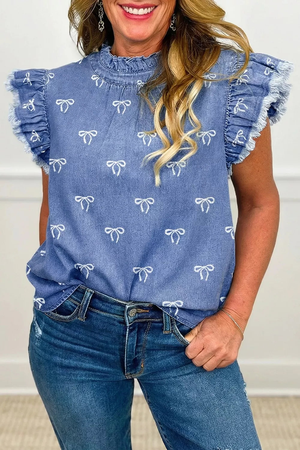 Frilled Collar Flutter Sleeve Denim Top - Lilixa.store