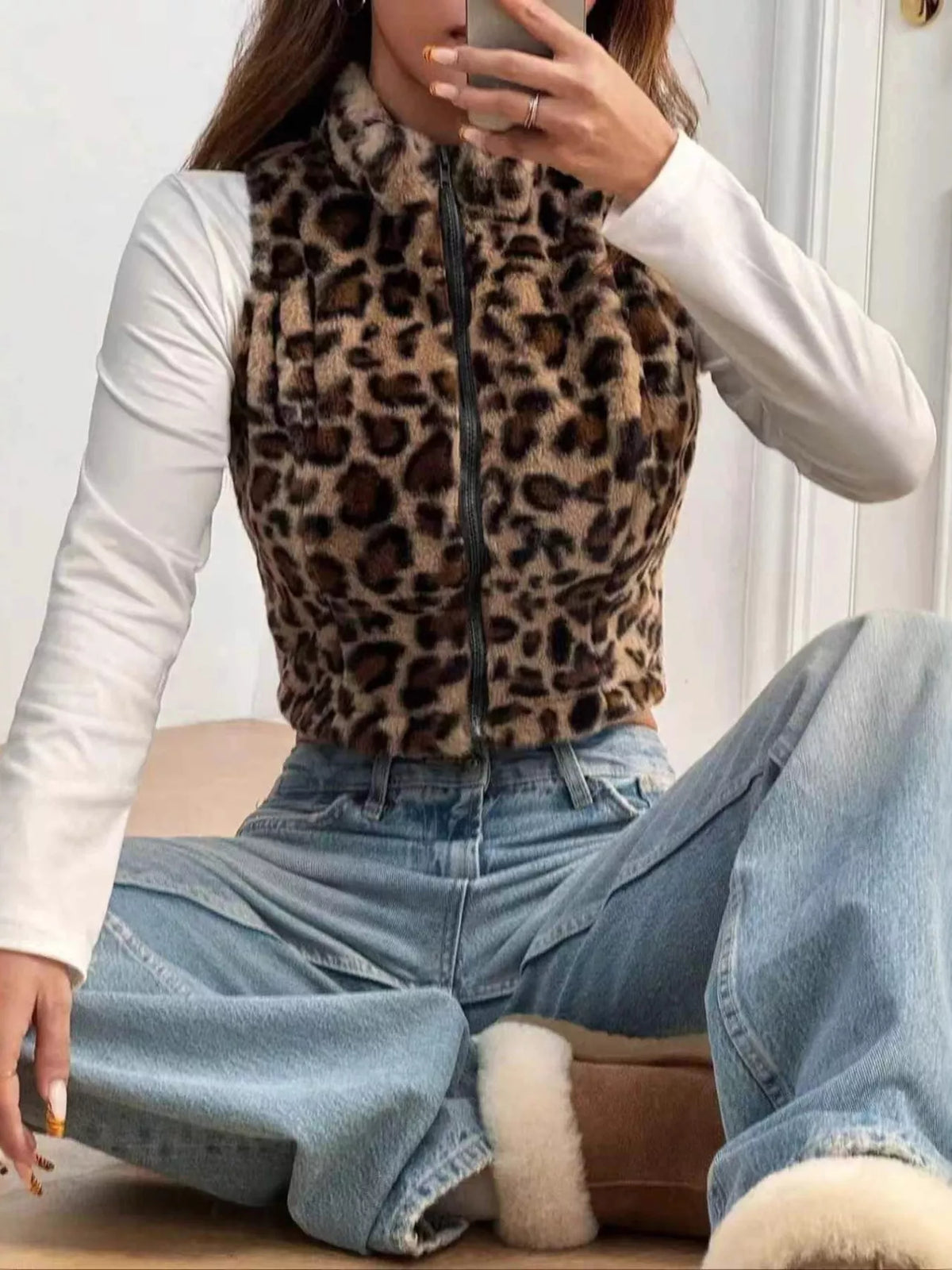 Leopard Zip Up Faux Fur Cropped Vest Coat - Lilixa.store