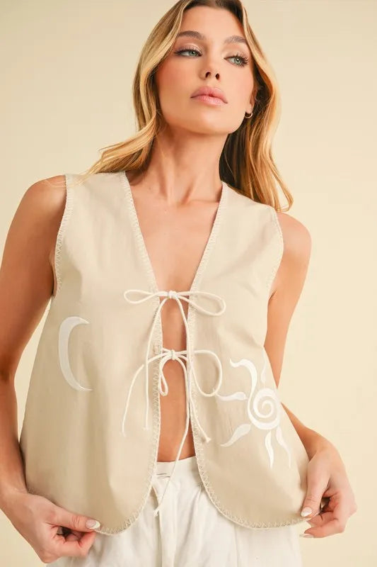 Aemi+Co Embroidered Tied Front Vest Coat, view 2