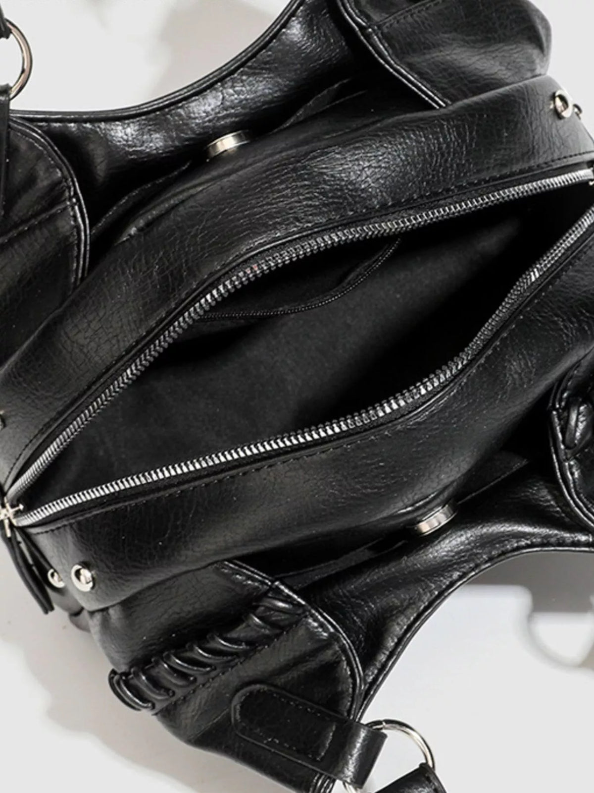 PU Leather Shoulder Bag with Woven Detail and Stud Accents in Black, view 7