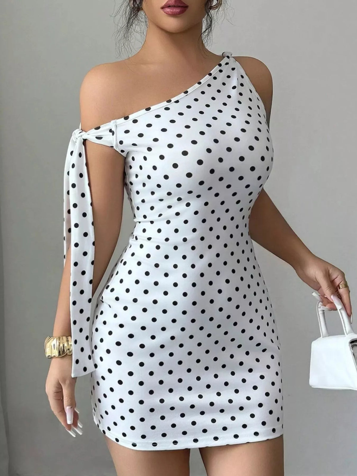 One-Shoulder Polka Dot Bodycon Mini Dress in White, view 3