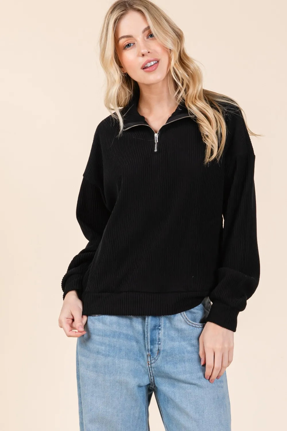 BOMBOM Quarter Zip Long Sleeve Sweatshirt with Pockets - Lilixa.store