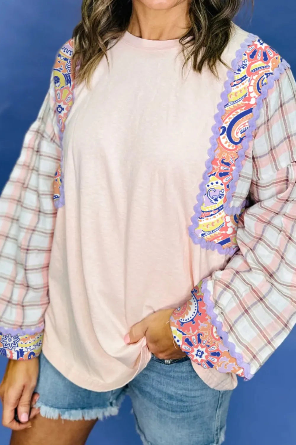 Paisley Print Plaid Long Sleeve Oversized Top in Blush Pink