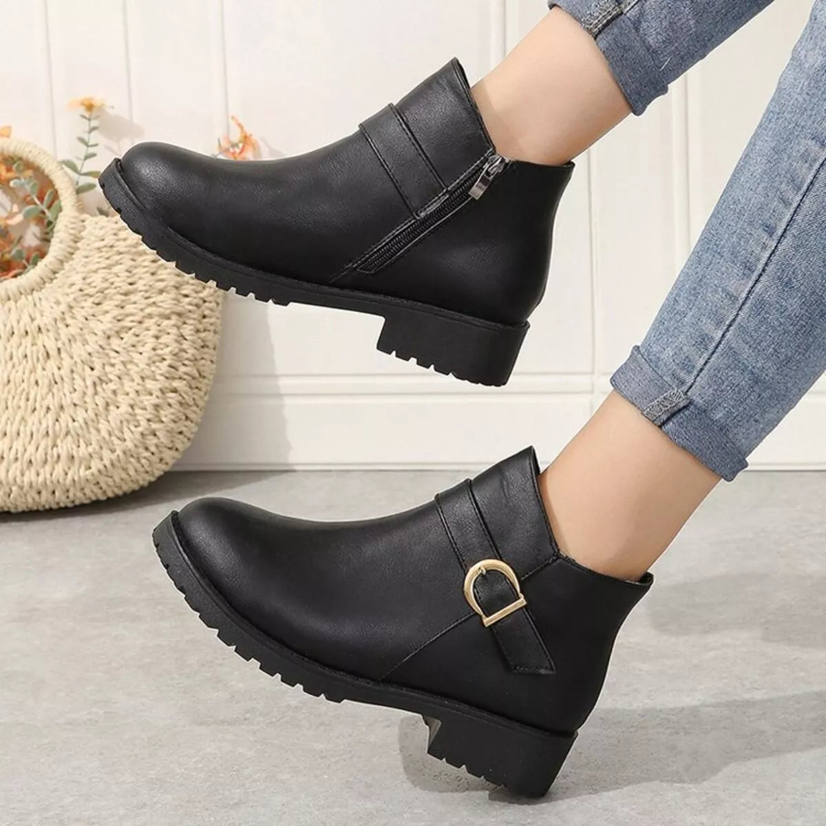 Buckle Accent Ankle Boots in Black