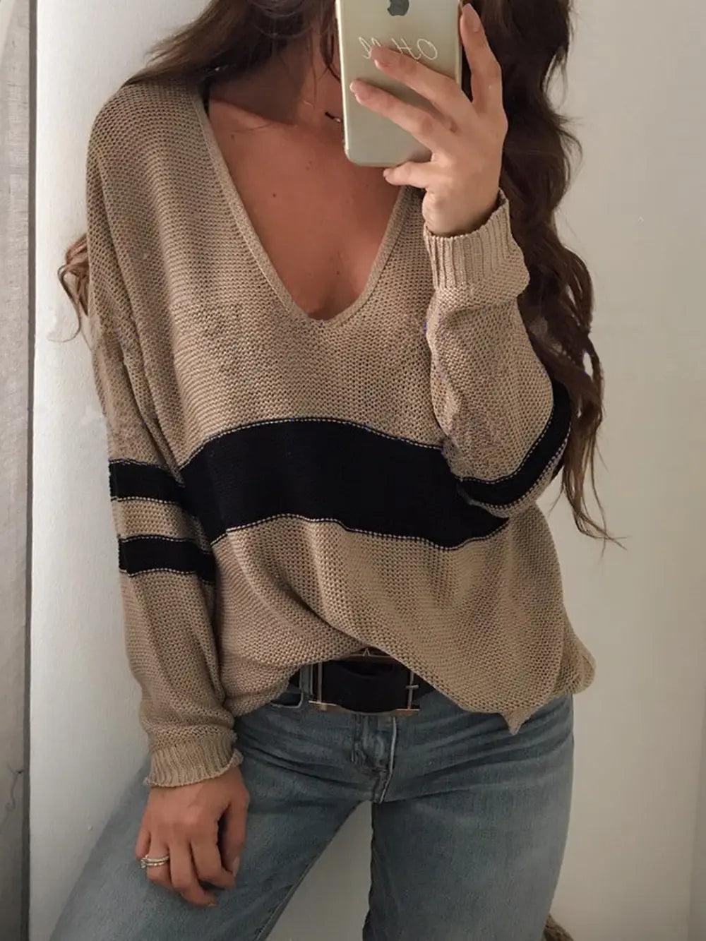 Striped V-Neck Long Sleeve Sweater in Camel