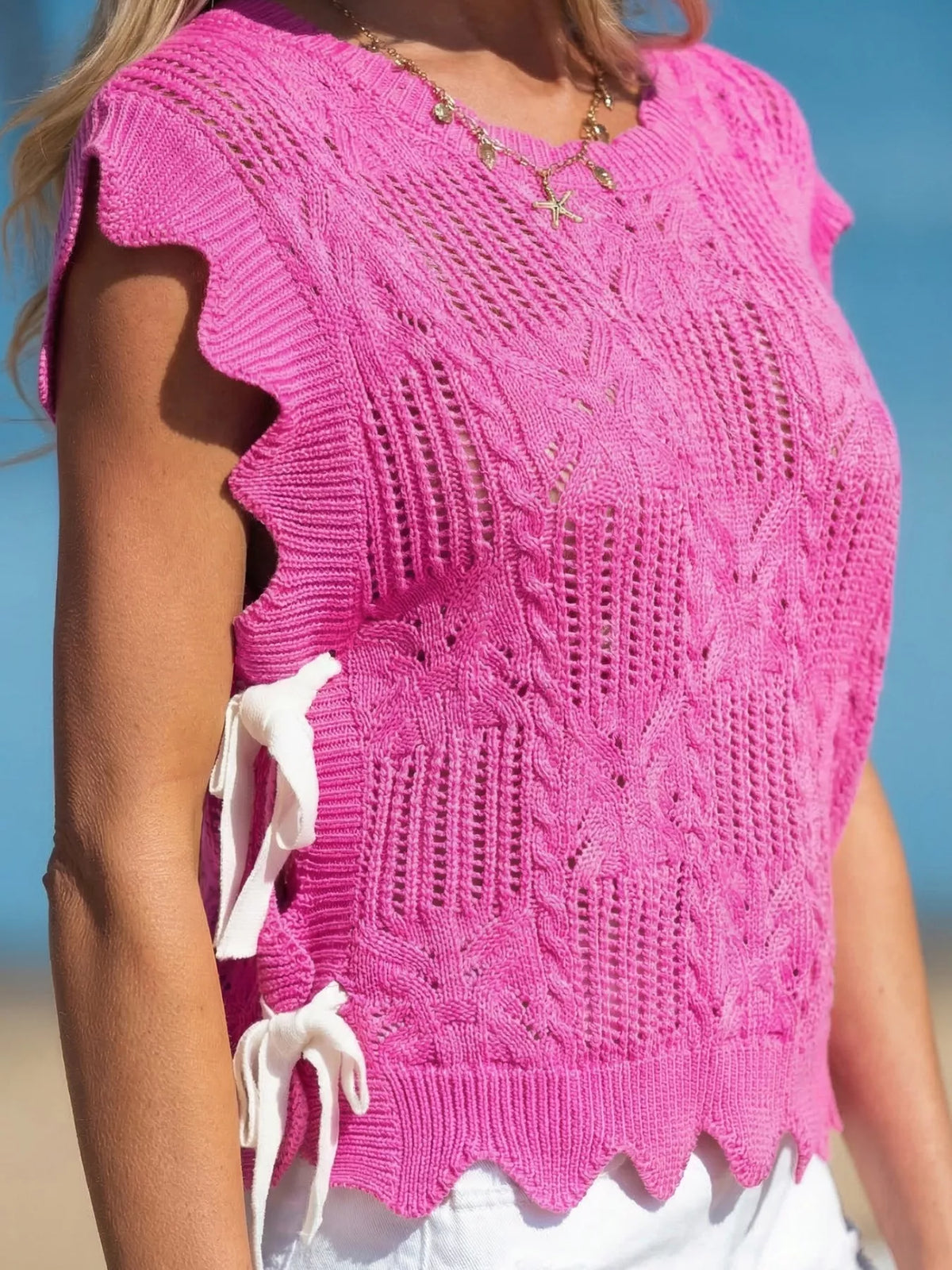 Side Tie Openwork Round Neck Sweater Vest in Fuchsia Pink, view 6