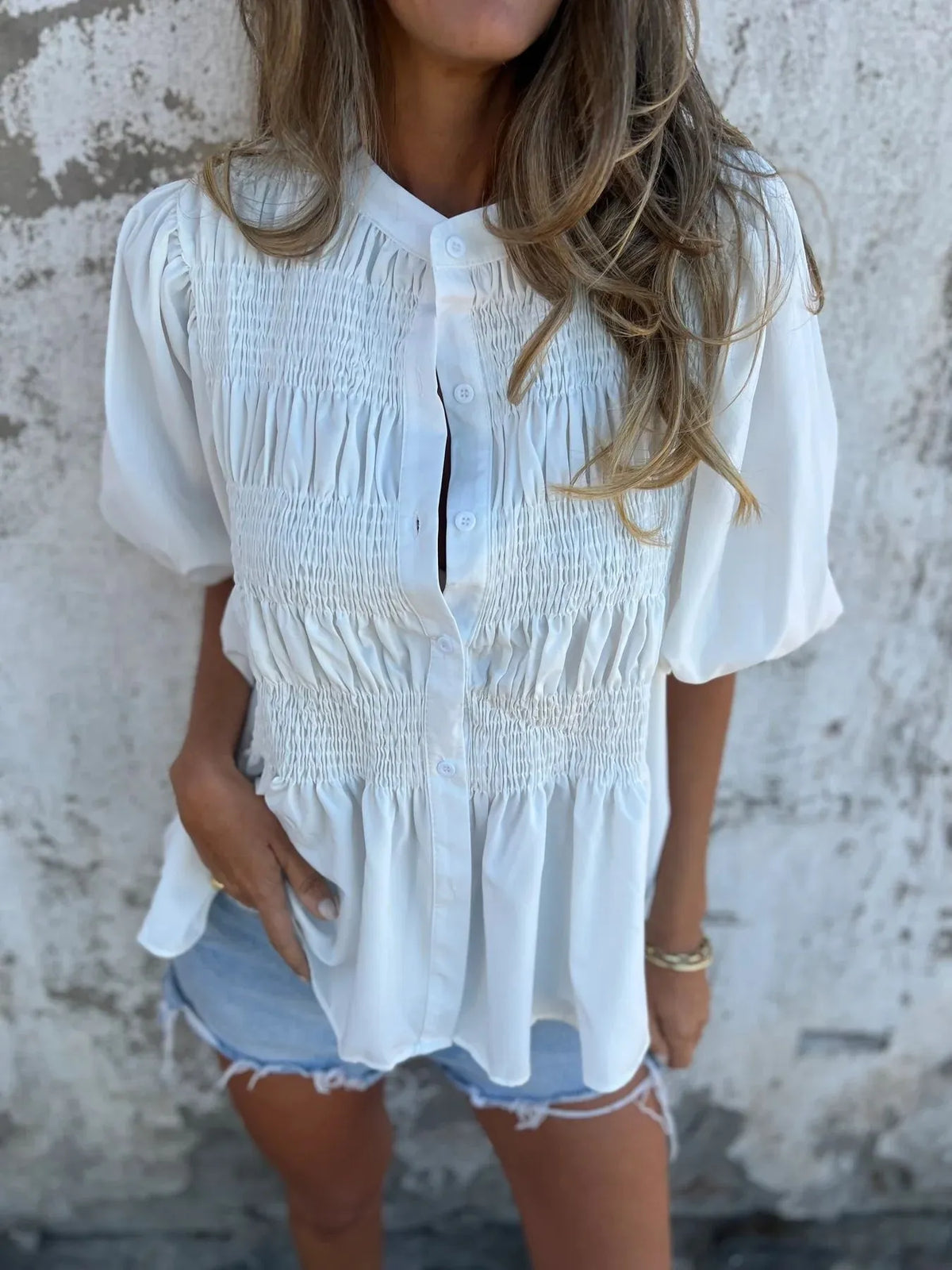 Full Size Smocked Puff Sleeve Blouse Plus Size - Lilixa.store