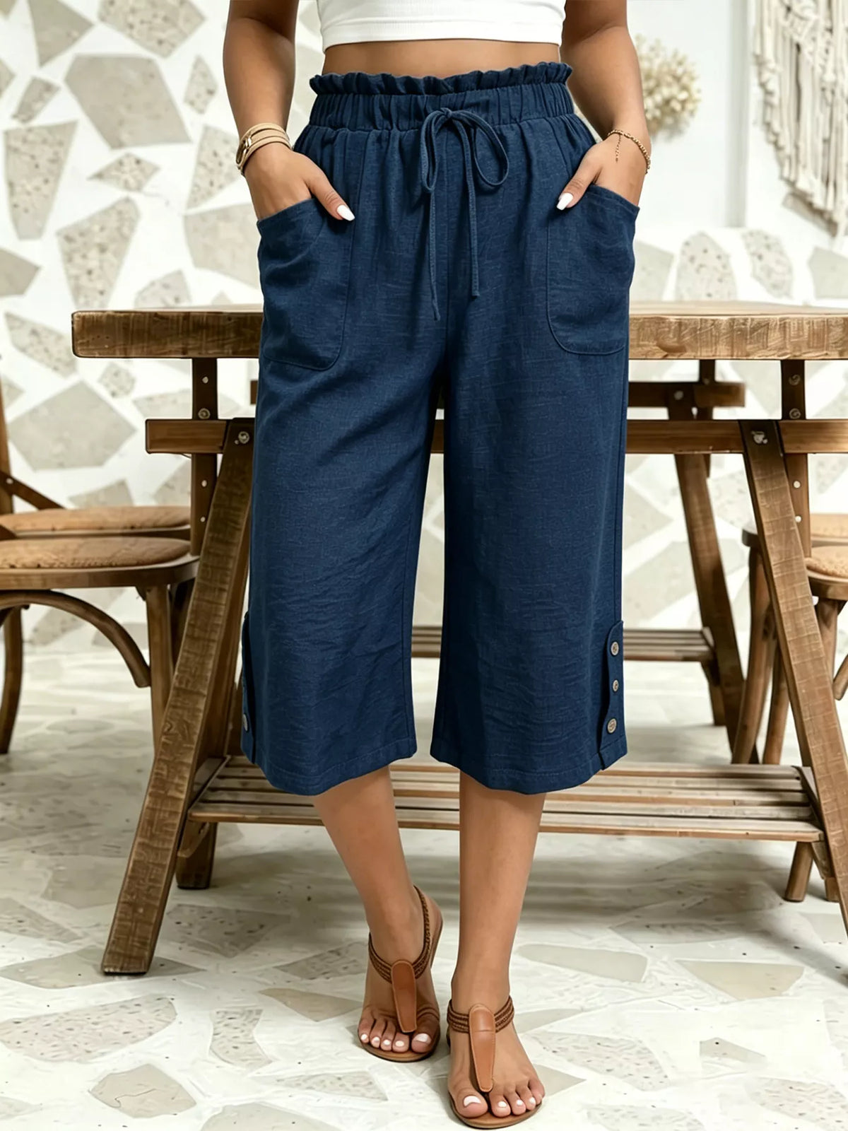 High-Waisted Drawstring Capris in Navy Blue