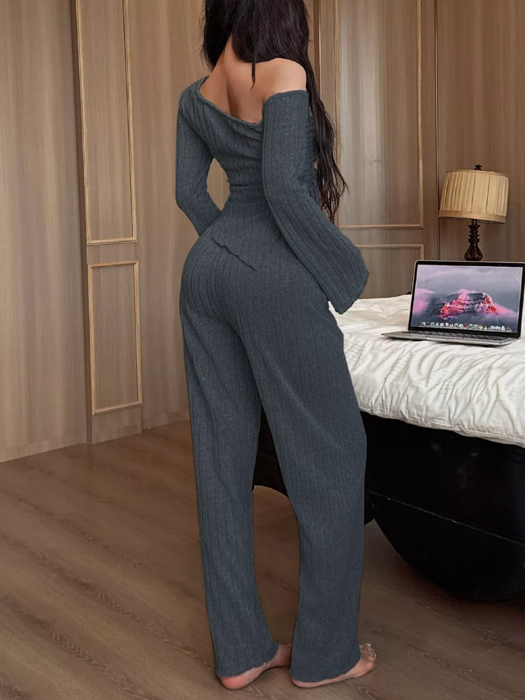 One-Shoulder Ribbed Knit Top and Pants Set - Lilixa.store